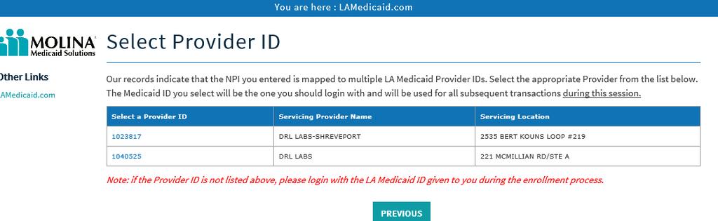 At the Select Provider ID screen, users must select the appropriate Provider from the list of mapped Provider IDs.