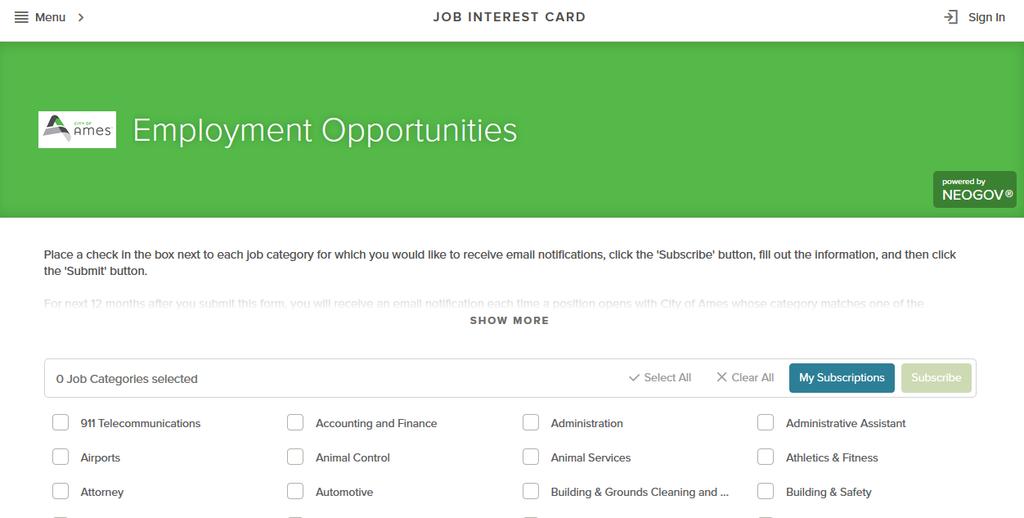 4. Place a check in the box next to each job category for which you would like to receive email notifications. Scroll down to the bottom and complete the Job Interest Card. Click Submit Request.
