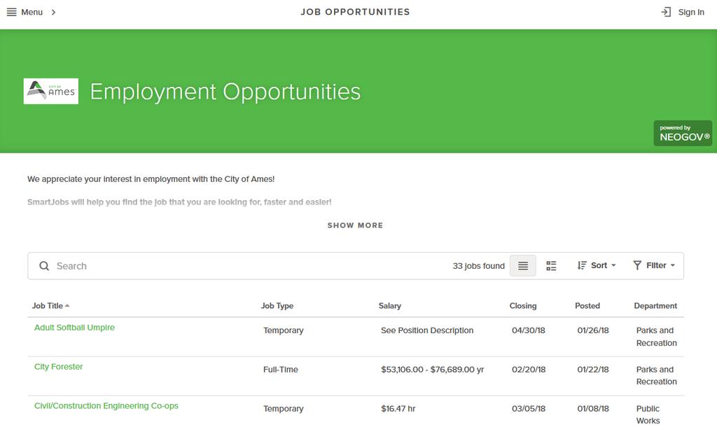 2. On the Employment Opportunities page, click on the
