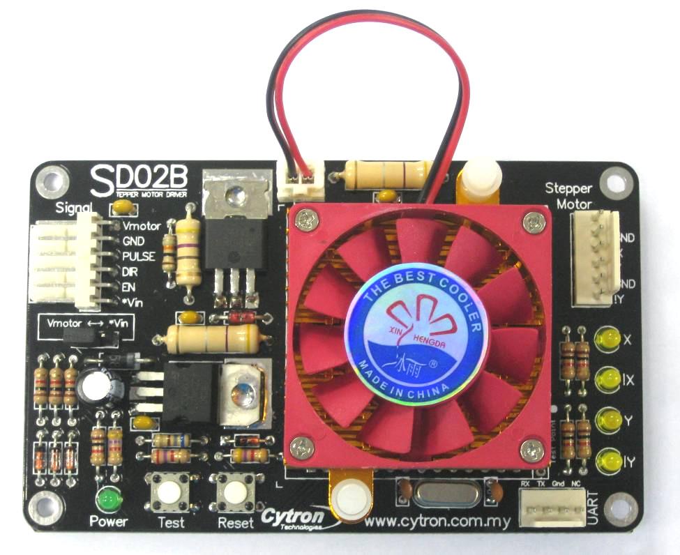 4. BOARD LAYOUT A J B I C D H G F E Label Function Label Function A Heat sink with fan F Push button to reset SD02B B Connector to stepper motor G Push button to test SD02B C Stepper motor coil power