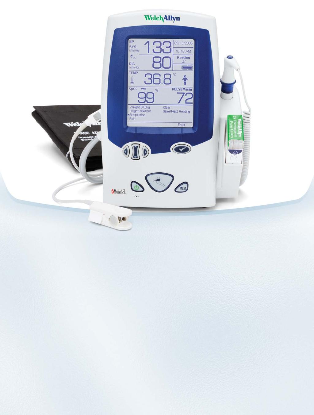 Welch Allyn Spot Vital Signs LXi Specifications Features > SureBP with pulse rate and MAP > SureTemp Plus or Braun ThermoScan PRO 4000 thermometry > Masimo or Nellcor pulse oximetry > Manual weight,