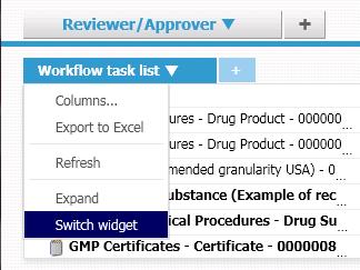 Click the down arrow on the Workflow task list tab and select Switch widget.