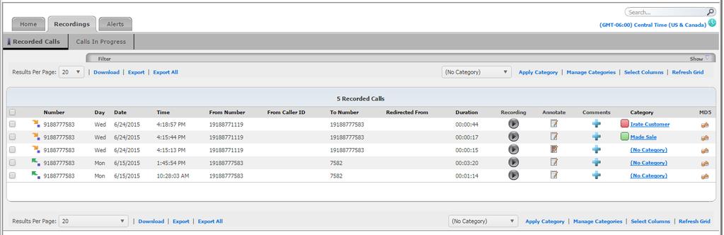 Recordings Recorded Calls The Recorded Calls tab displays all completed recorded calls for all site users assigned to the Call Recording feature.