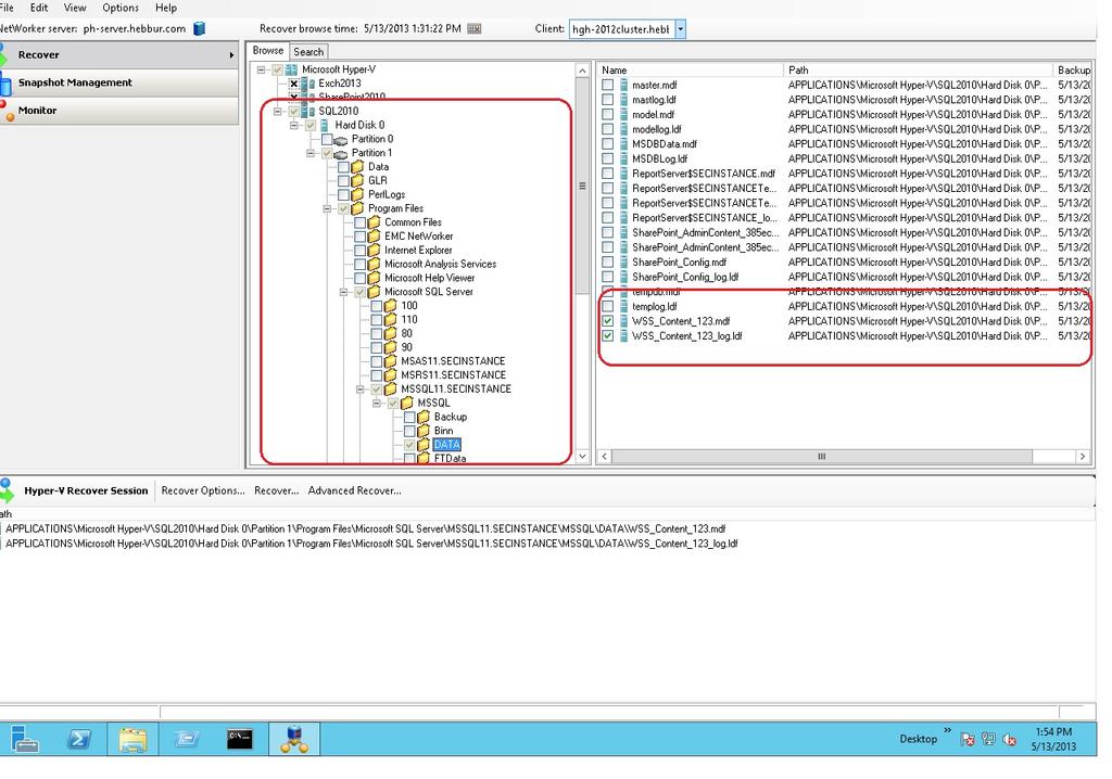 The following figure provides an example: Figure 28 Selecting SQL Server items for recovery from a Hyper-V virtual machine 2. Select the database (mdf) and logs (ldf) files. 3.