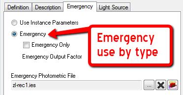 Luminaires can be designated for emergency use by instance parameter and dimmed if necessary, or the luminaire family type can be assigned emergency