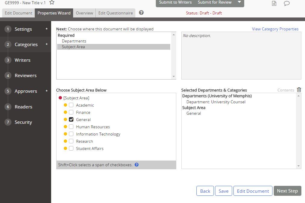 Security are set by default in the template). Categories: Departments and Subject Area are required.
