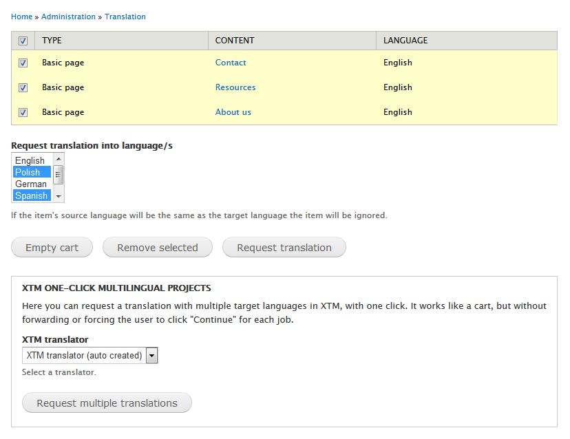 Image 10. Cart page with XTM multilingual feature. Select the contents you want to submit. The selected elements will be created as a single project.