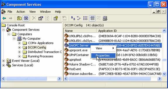 Right-click on UniOPC Server in the main dcomcnfg window, and then click on Properties.
