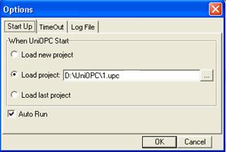 UniOPC Server Options Options are located on the File menu. Start Up Sets the start mode for UniOPC Server. TimeOut Use these to determine time-based client-server access parameters. Max.