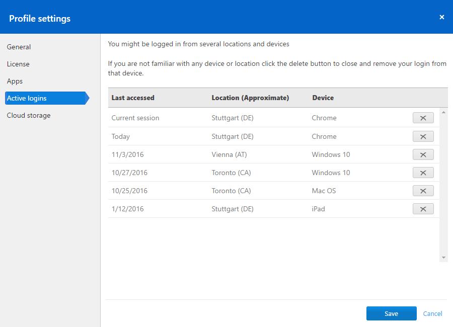 2 General Showing active logins. Cloud-Storage Manage the cloud storage services linked to your TeamViewer account.
