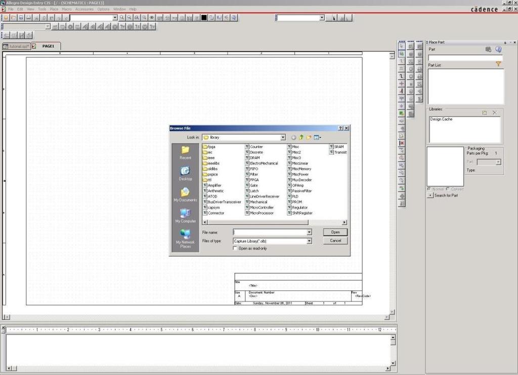 The first task that needs to be completed is placing the components onto the screen. Design Entry CIS has a wide selection of components already installed in the default library.