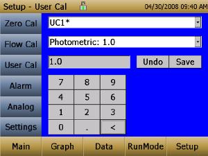10. Select Photometric from the User Cal drop down selection and enter the NewCal factor using the onscreen controls. Alarm Alarm allows you to set alarm levels on any of the 5 mass channels PM1, PM2.