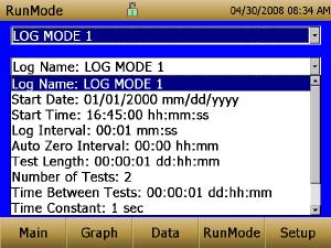 Log Mode (1 5) 40 Log Name Start Date Start Time Log Name, brings up a virtual keypad to name the Logged Data file. Start Date, select the date the test will start.