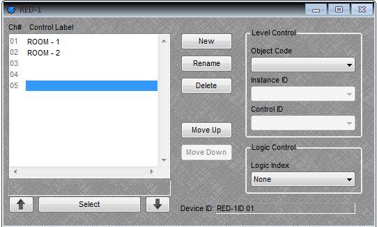 Open up the RED-1 control dialog and create a page for Room-1 by creating control labels for the different sources.