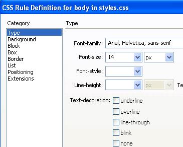 In the CSS Rule Definition for body screen select Type