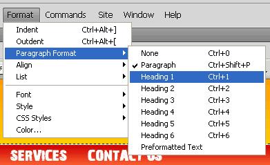 Part 10: Formatting Headings Next we will need to format the headings and subheadings within the content. To do this, go back into the Dreamweaver document window and select the heading text.