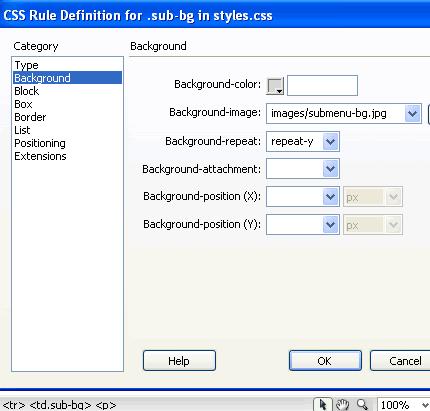 In the CSS Rule Definition screen choose submenu-bg.