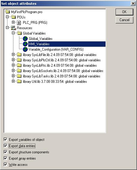 3. The first PLC Program MICRO PANEL XV-102 3.5" - In the object tree open the subdirectory Resources \ Global Variables.