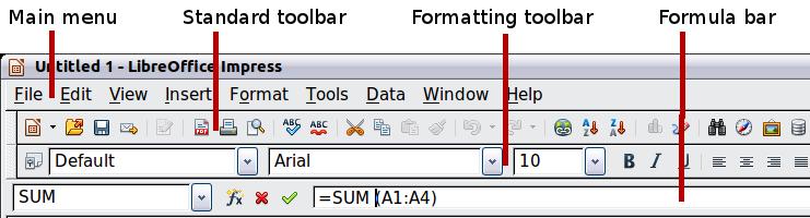 Figure 4: The menu bar and the formatting toolbar in spreadsheet editing mode Resizing and moving a spreadsheet When resizing or moving a spreadsheet, ignore the first row and the first column