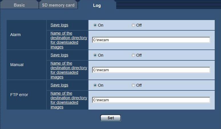Configure the settings relating to the logs [Log] Click the [Log] tab on the "Basic" page.