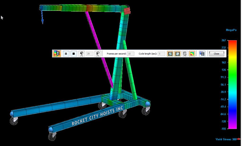 Solid Edge Simulation Beam Studies In the results, notice we get a nice view of the stresses placed on the beams and their locations Solid Edge provides users the ability to view