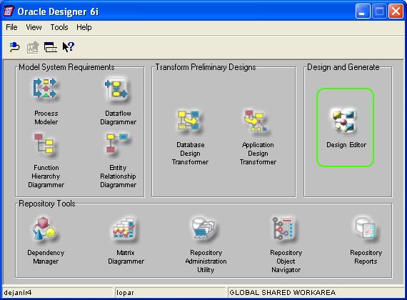 Slika 7: Zagonsko okno programa Oracle Designer Za izdelavo form je bilo uporabljeno orodje Oracle Designer 6i, ki je povezano s podatkovno bazo sheme, o kateri smo