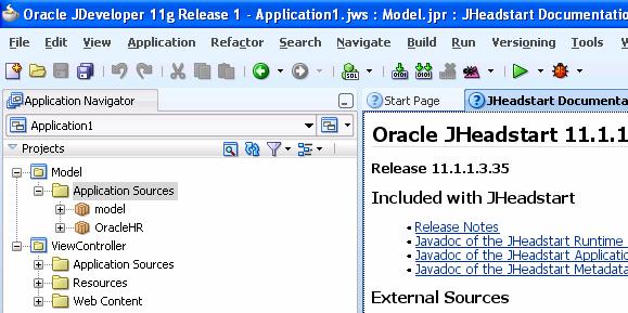 Slika 12: Izgled projekta v Oracle JDeveloper Ko je projekt ustvarjen in povezava do podatkovne baze deluje, je v aplikacijo potrebno dodati entitete za vse podatkovne tabele, ki jih bomo uporabili.