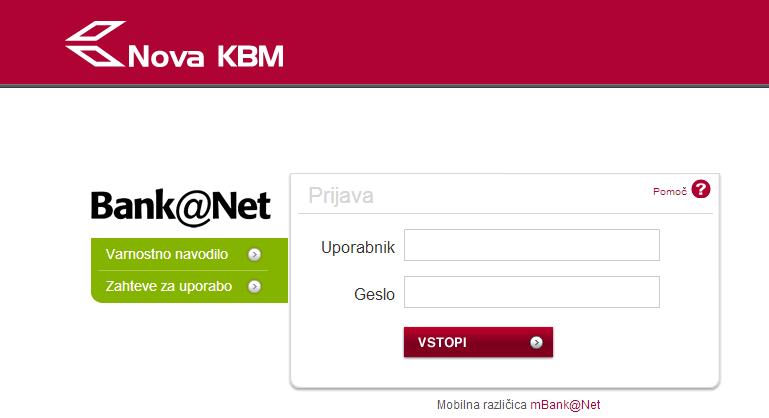 Slika 3: Prijava v spletno banko Bank@Net Ena izmed novosti je mbank@net.
