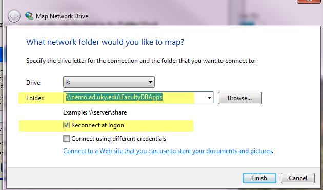 f. Specify the drive by entering \\nemo.ad.uky.edu\facultydbapps into the Folder block.