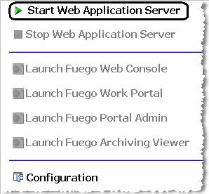 Starting the Fuego Enterprise Web Console Web Application Server 1. To start the Web Console s Web Application Server now, either a.