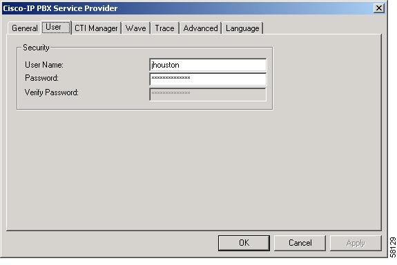 Cisco Unified CallManager TSP Configuration Settings User Tab The User tab allows you to configure security information, as illustrated in Figure 2.