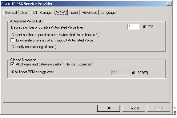 Cisco Unified CallManager TSP Configuration Settings Wave Tab The Wave tab allows you to configure settings for your wave devices, as illustrated in