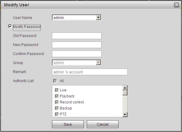 Figure 3-51 Modify user It is to modify the user property, belonging group, password and rights. See Figure 3-52. Modify password It is to modify the user password.