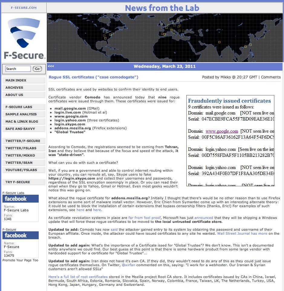 More rogue SSL certificates: 2011 http://www.