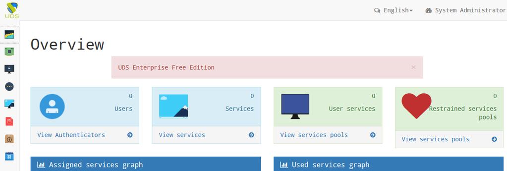 After validation, you can access the User Services window. Expand the user menu and select "Dashboard" to access UDS administration.