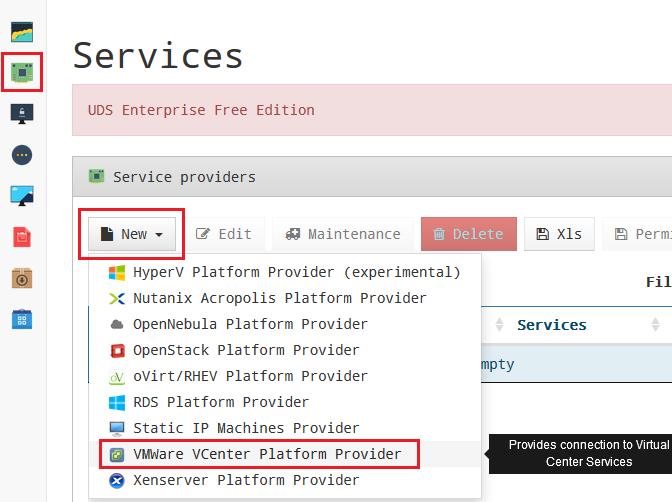 Configure "Service Providers" This is an example of creating a service provider of type VMware vcenter.