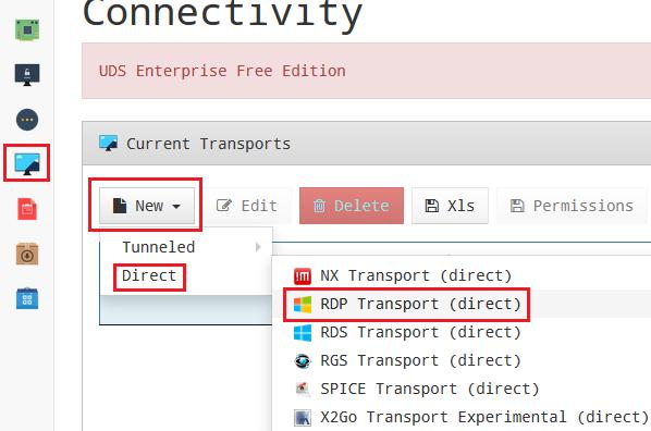 RDP Transport (Direct) In "Connectivity", click on "New", "Direct" and select "RDP Transport":