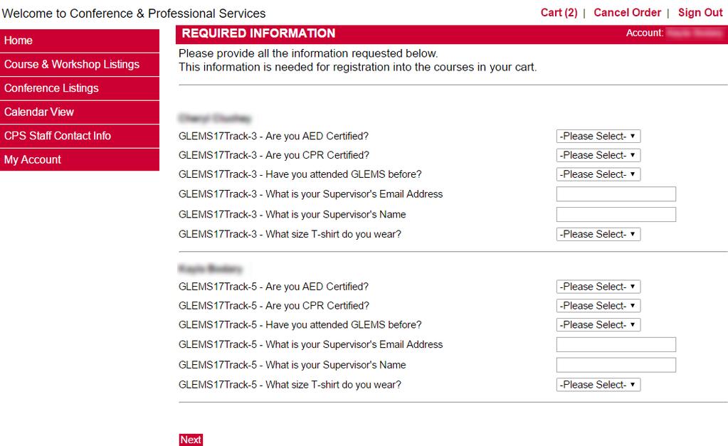 Step 16 Required Information Step 16 Complete the Required Information for each individual and/or event that you have selected (if applicable). Click Next once you have completed the required fields.