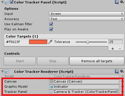 6. Create a new canvas to render the tracks, go to menu GameObject -> UI -> Canvas. 7. Connect the ColorTrackerRender component to the Canvas, graphic model, and ColorTrackerPanel.
