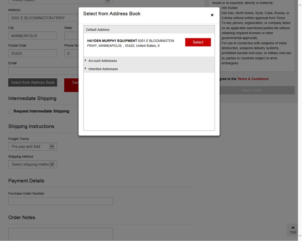 6. From this page, you may select an existing address from the Account Addresses.