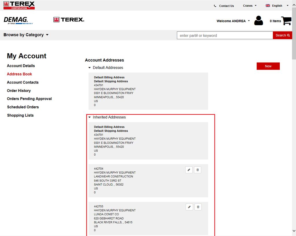 8. The default Shipping & billing addresses can not be changed. If a change is required to these, please contact your Terex representative. 9.