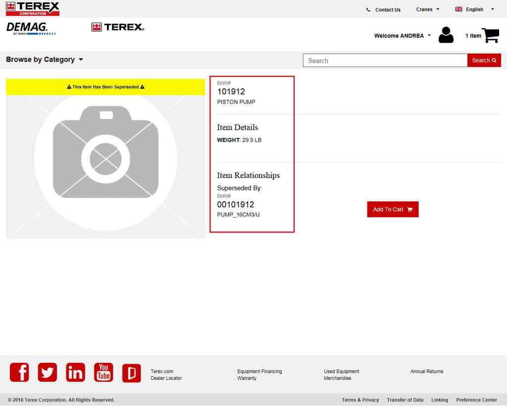 20. The Superseded Item information is listed on the item details page for the original item. 21. Click the Terex Logo to return to home page. 22.