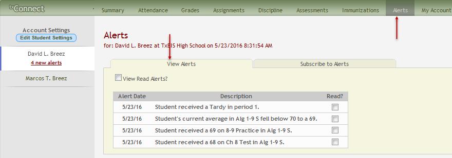 Or, he can click Alerts in the main menu and select the student for whom he wants to see alerts. The View Alerts tab is displayed.