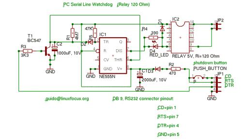 500 Ohm relay: The shutdown button is a push button that connects RTS and CD when pressed. It looks a bit strange in the schematic because Eagle does not have a better symbol.