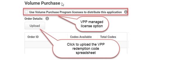 You must configure either redemption codes (using the Upload button) or managed licenses (enabling the Use Volume Purchase Program licenses to distribute this application check box).