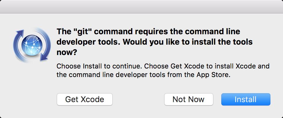 aopen a terminal window and run the git command. The following prompt appears asking you if you would like to install the command line developer tools.