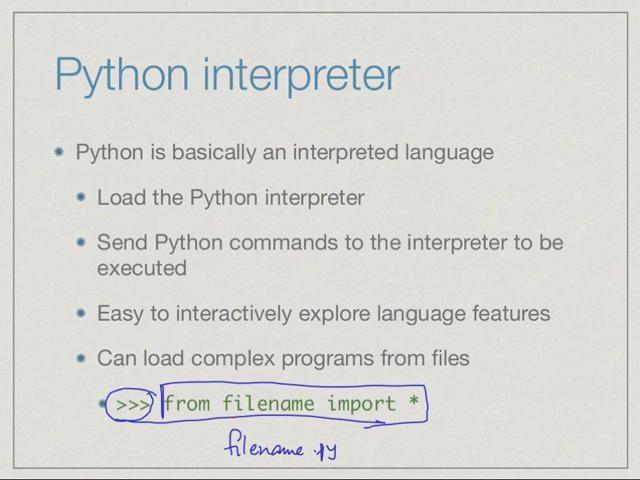 (Refer Slide Time: 07:31) We use python typically in the following way; we first run the interpreters. So, remember interpreter is the program.