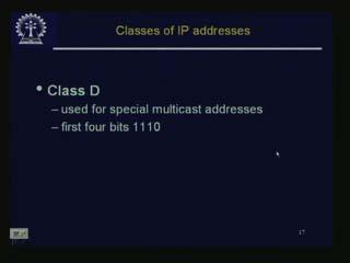 (Refer Slide Time: 22:04-22:11) Class D is used for special multicast addresses.