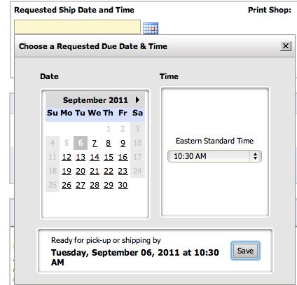 Shopping Cart After clicking the Add to Cart button, you will be redirected to the shopping cart page. 1. Click the Calendar Icon to select your desired ship date and time. Then click Save. 2.