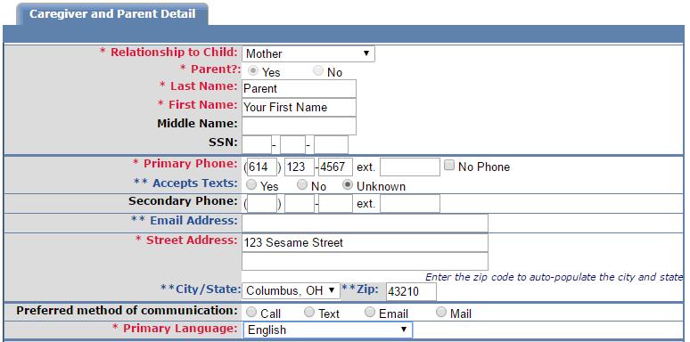 Step 3: Navigate to the Caregivers section via the left menu. Fill in the missing caregiver information that will be needed for children in EI. Then select Save at the bottom of the page.